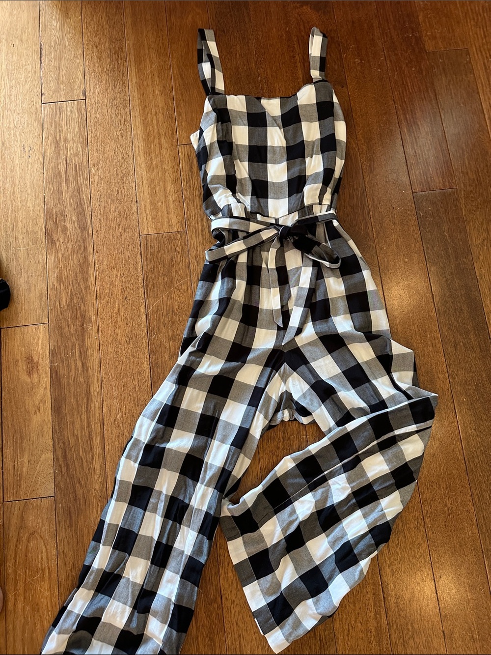 Loft Black & White Gingham Wide-Leg Jumpsuit with Tie Waist size S
